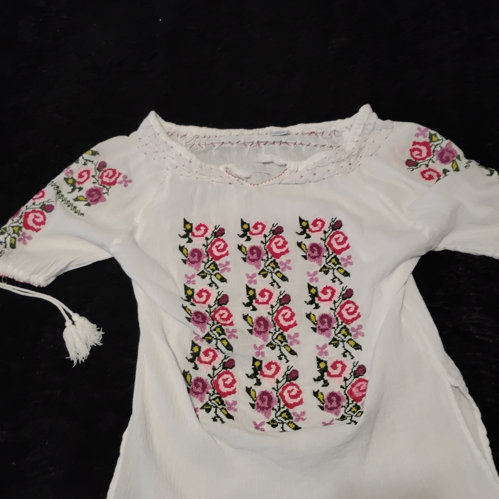 26 International White Blousewith Pink and Green Embroidery